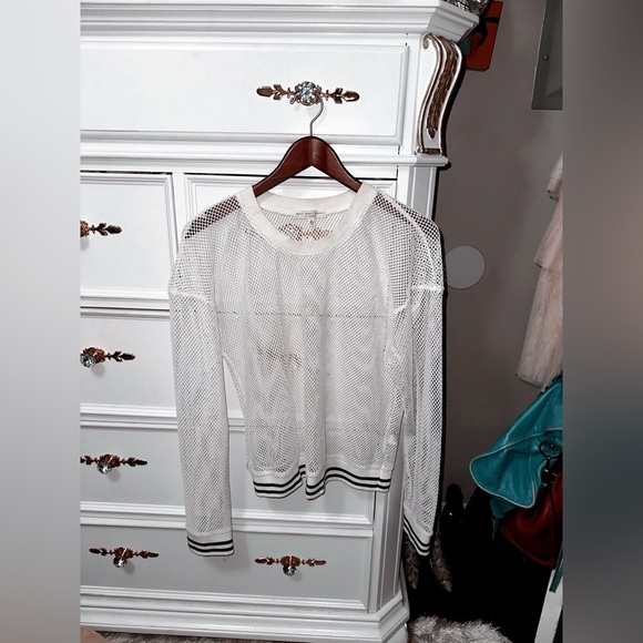 Truly Madly Deeply Open Knit Sweater, White with Striped Trim, Size Large - Picture 16 of 17